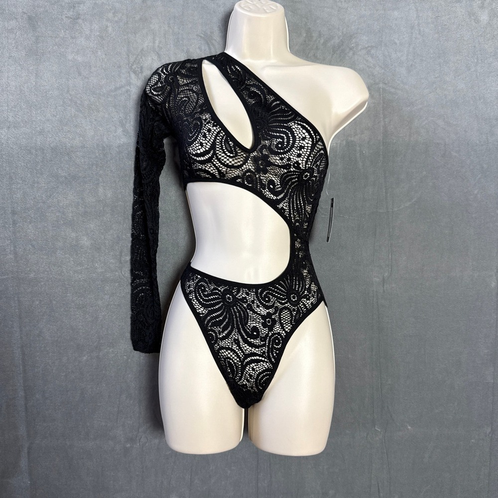 Fredericks of Hollywood Bodysuit Teddy S NWT Black Lace One Shoulder Cutout